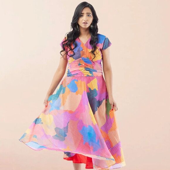 Multicolor Organza Dress with Beads | Muvvas Boutique - Picture 1 of 3